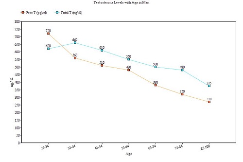 Graf of declining Free and Total Testosterone - Testosterone Levels with Age in Men