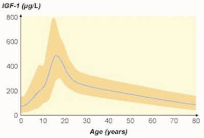 This chart details the typical decline in HGH levels across the lifespan